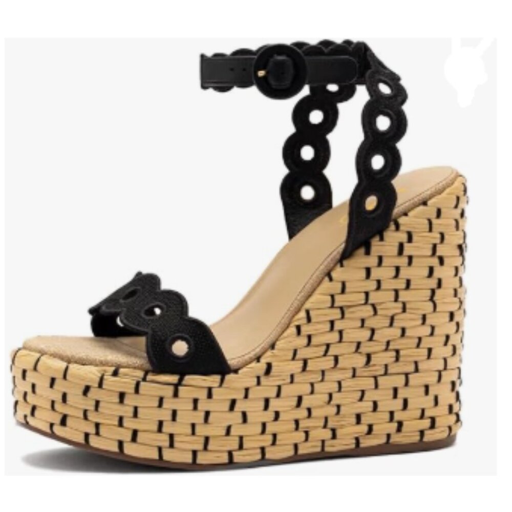 XYD Black Platform Eyelets Open Toe Espadrilles Wedge Heels Ankle Strap Sandal